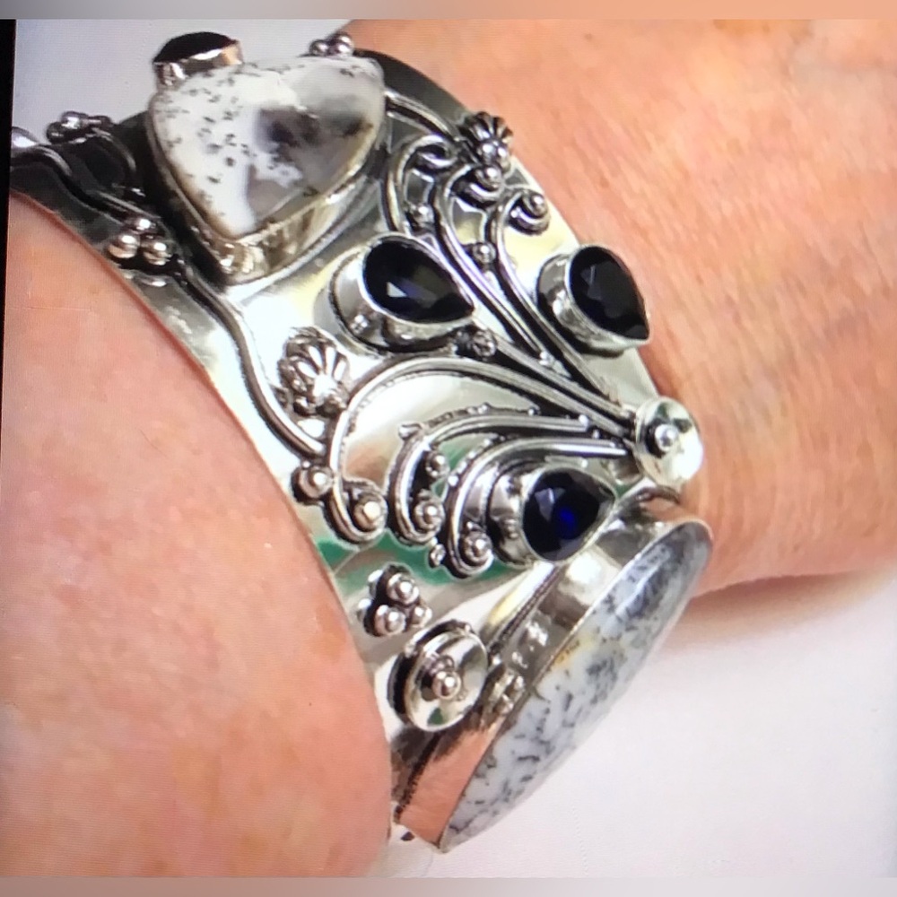 Dendritic Opal Blue Topaz Stamped 925 Sterling Silver Cuff Bracelet